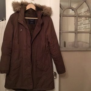 Olive American Eagle Hooded Jacket Fur Trim